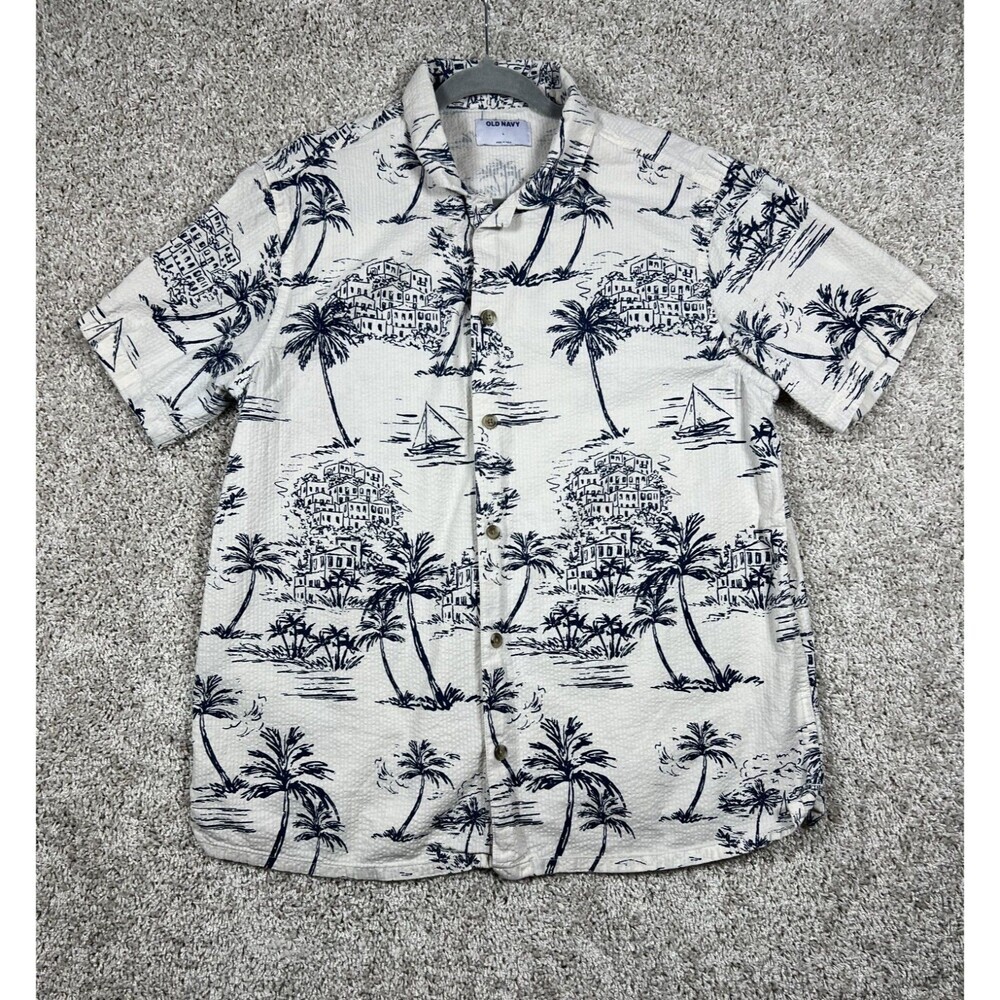 Old Navy Mens Large Hawaiian Shirt Palm Tree Sailboat Seersucker Cotton